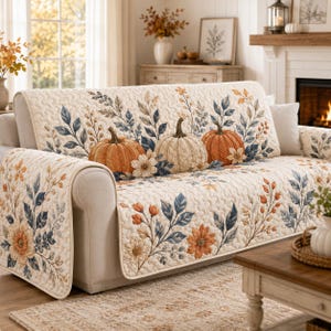 Puede incluir: Una funda de sofá de color crema con textura acolchada y un patrón estampado de calabazas naranjas, flores azules y naranjas, y ramas con hojas. La tela cubre el respaldo, el asiento y los brazos del sofá, mostrando un diseño botánico.