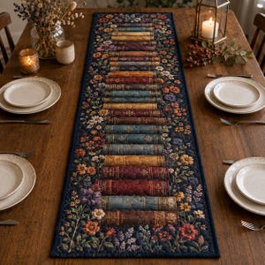 May include: A rectangular quilted table runner featuring a central vertical stack of vintage-style books in various colors, surrounded by a dark navy blue border decorated with a vibrant pattern of colorful flowers, leaves, and botanical elements.