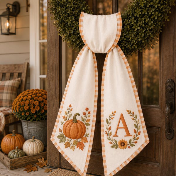 Personalized Fall Wreath Sash, Pumpkin Monogram Wreath Bow, Embroidered Autumn Sash, Thanksgiving Front Door Decor, Farmhouse Fall Decor