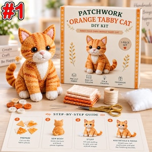 May include: A DIY kit for a patchwork orange tabby cat, featuring a finished plush cat, a box with the text PATCHWORK ORANGE TABBY CAT DIY KIT, fabric squares, a spool of thread, a needle, scissors, stuffing, and a step-by-step instruction guide.