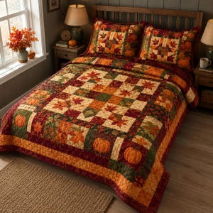 May include: A quilted bedspread and two matching pillow shams featuring a patchwork design of autumn leaves and orange pumpkins in shades of deep red, burnt orange, olive green, and cream. The bedding set has a stitched grid pattern throughout.