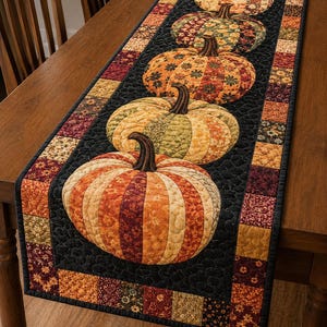 May include: A rectangular quilted table runner featuring a central row of six fabric pumpkins in various autumn-inspired colours and floral patterns. The pumpkins are set against a black background with a border of small, multicoloured fabric squares.