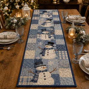 Snowman Quilted Table Runner, Blue Winter Patchwork Table Runner, Christmas Snowman Table Decor, Farmhouse Holiday Dining Decor