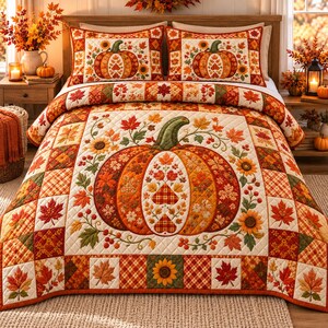 Fall Pumpkin Bedding Set, Orange Pumpkin, Maple Leaves & Sunflowers Patchwork Quilt Print, Rustic Autumn Farmhouse Bedspread