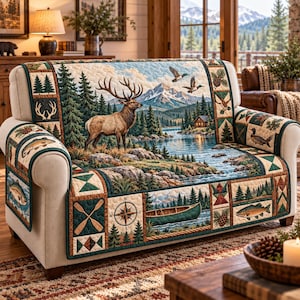 Elk Mountain bankhoes, Forest Lake herten bankhoes, rustieke blokhut kano dennenboom patchwork meubelbeschermer, lodge woondecoratie