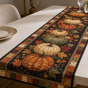 May include: A rectangular table runner featuring a black background with a repeating pattern of pumpkins in shades of orange, green, and cream, surrounded by autumn leaves. The border consists of a patchwork design in warm earth tones.