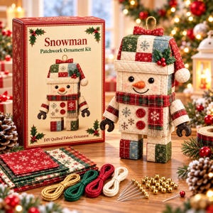 Puede incluir: Un kit de adorno de patchwork de muñeco de nieve que incluye una caja con el texto Snowman Patchwork Ornament Kit y un adorno de tela acolchada terminado. El kit contiene cuadrados de tela con patrones de copos de nieve, cordones, alfileres y cuentas doradas.