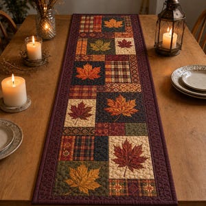 Puede incluir: Un camino de mesa acolchado rectangular con un diseño de patchwork de hojas de arce otoñales en tonos naranja, rojo y dorado, intercalado con cuadrados de tela a cuadros y geométricos, bordeado por una tela color burdeos oscuro con costuras.