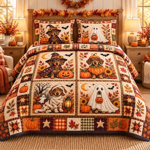 Halloween Dachshund Bedding Set, Witch Ghost Pumpkin Dog Comforter, Cute Wiener Dog Patchwork Design, Spooky Fall Bedroom Decor