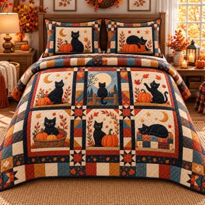 Black Cat and Pumpkin Bedding Set, Halloween Cat Comforter, Vintage Fall Patchwork Quilt Design, Cozy Farmhouse Bedroom Decor