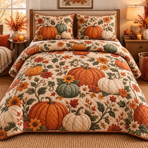 Pompoenbeddengoedset, vintage herfstbloemen dekbed, botanisch herfstpompoenontwerp, gezellige cottagecore boerderijstijl slaapkamerdecoratie