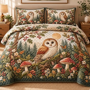 Juego de ropa de cama con diseño de búhos del bosque, edredón floral con setas del bosque, colcha de patchwork con diseño de pino y luna, decoración rústica para dormitorio de estilo cabaña.