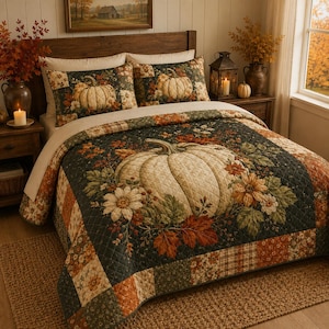Pode incluir: Uma colcha acolchoada e duas fronhas a condizer com um grande gráfico central de abóbora rodeado por folhas de outono e flores. A roupa de cama tem um fundo verde escuro com uma borda de patchwork em padrões laranja, castanhos e verdes.
