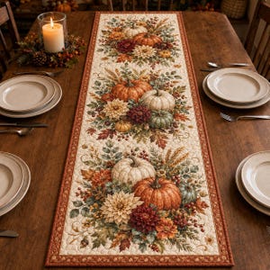 May include: A rectangular quilted table runner featuring a repeating autumn-themed print of orange and white pumpkins, dark red dahlias, green foliage, and berries on a cream background with a solid dark orange border and scalloped stitching.