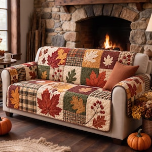 May include: A quilted sofa cover featuring a patchwork design of autumn leaves, berries, and plaid patterns in shades of orange, red, brown, and cream. The cover drapes over a light-colored sofa, showcasing detailed stitching and seasonal motifs.