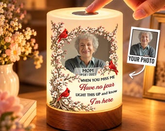 Personalized Memorial Dimmable Touch Lamp, Custom Mom Photo Remembrance Light, Red Cardinal Cherry Blossom Design, Sympathy Gift