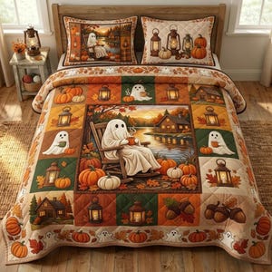 May include: A quilted bedspread and two matching pillow shams featuring an autumn theme with ghosts, pumpkins, lanterns, and log cabins. The central design shows a ghost sitting in a rocking chair by a lake, surrounded by autumn leaves and orange pumpkins.