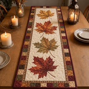 May include: A rectangular quilted table runner featuring a cream-colored center panel decorated with four large, detailed maple leaves in shades of yellow, orange, green, and red, bordered by a patchwork frame of small squares in autumn colors.