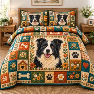 Komplet pościeli z border collie, kołdra z kwiatowym nadrukiem łapy psa, turkusowo-pomarańczowa narzuta patchworkowa, rustykalny wystrój sypialni dla miłośnika zwierząt