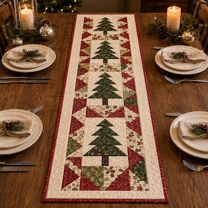 May include: A rectangular quilted table runner featuring a repeating pattern of dark green Christmas trees centered on a cream background, bordered by red and green geometric fabric triangles and floral motifs with intricate machine stitching.