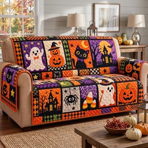 Halloween Sofa Cover, Ghost Black Cat Pumpkin Haunted House Patchwork Couch Cover, Spooky Fall Living Room Decor