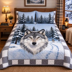Peut inclure: Un couvre-lit matelassé et deux taies d'oreiller assorties représentant une grande tête de loup gris centrée sur un paysage forestier enneigé avec des pins. La parure de lit présente des tons bleu clair et blanc avec une bordure à carreaux gris.