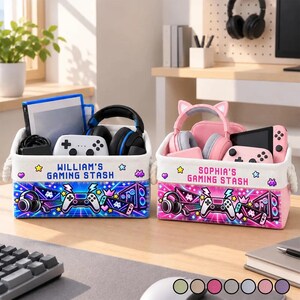 Personalized Gaming Storage Basket, Custom Name Gamer Toy Organizer, Controller Headset Game Room Storage Bin for Kids
