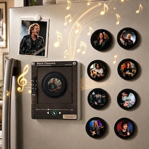 May include: A collection of magnetic photo frames on a refrigerator, including one square frame labeled Rock Classics with a guitar graphic and several circular frames displaying various musicians, all accented by glowing musical note graphics.