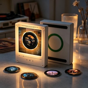 Puede incluir: Un reproductor de música rectangular blanco con una pantalla brillante que muestra la portada de un álbum y controles de reproducción. El texto dice THIS IS THE SHINING STAR IN MY ORDINARY LIFE. Al lado hay una unidad blanca con un círculo verde. Cuatro discos circulares pequeños con imágenes están dispuestos al frente.