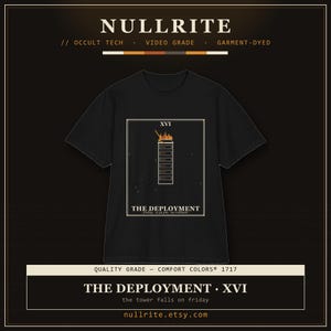 May include: A black short-sleeved t-shirt featuring a graphic print of a server rack on fire. The design includes the Roman numeral XVI, the text THE DEPLOYMENT, and the phrase friday 4:59 pm no rollback. The shirt has a crew neckline and short sleeves.