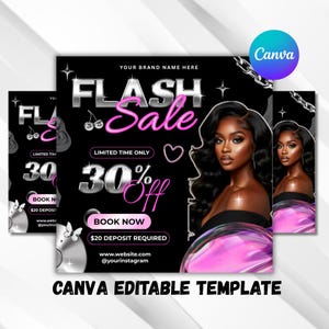 May include: A digital flyer template featuring a black background with silver metallic text reading FLASH SALE and 30% OFF. The design includes pink neon accents, a graphic of a person with long dark hair, cherry icons, butterflies, and text fields.
