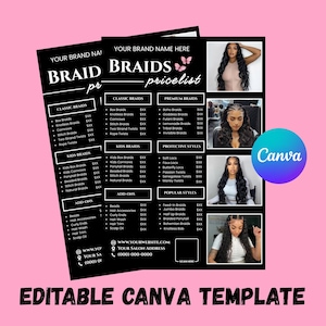 Braids Pricelist Template, Editable Canva Price Guide for Braiders