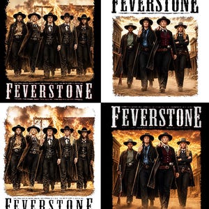 May include: A graphic design featuring four variations of a scene with the text FEVERSTONE. Each panel displays a group of individuals in western-style attire, including long coats, vests, and hats, set against backgrounds of fire or dusty town streets.