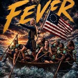 Puede incluir: Un grupo de atletas con uniformes azul marino y amarillo de Indiana Fever remando en un bote de madera sobre aguas heladas. Una atleta de pie sostiene una bandera estadounidense histórica con trece estrellas. La palabra FEVER aparece en letras amarillas.