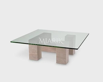 Labirent Marble Cube Coffee Table with Glass Top