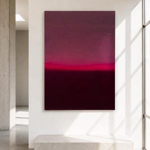 May include: A large rectangular wall art piece featuring a gradient of deep burgundy and dark purple tones that transition into a vibrant, horizontal band of bright magenta light across the center, creating a stark contrast against the dark base.