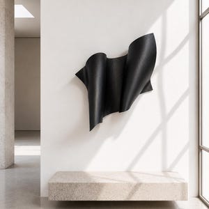 May include: A black wall sculpture featuring a series of fluid, undulating curves and folds. The object has a matte, textured surface and is mounted to a flat vertical plane, creating a dynamic, three-dimensional form with deep shadows.