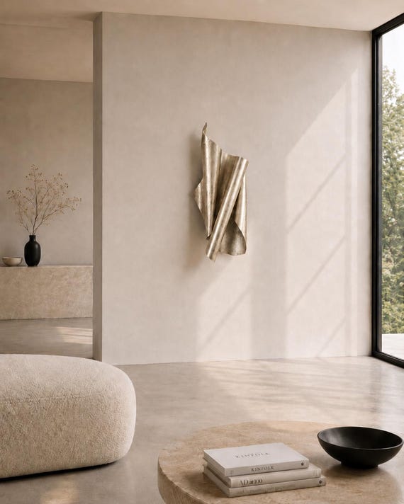 Sculpture Murale Acier, Art Mural Champagne Doré Fait Main, Sculpture Métal Minimaliste Contemporaine, Pièce Unique 82cm en Relief