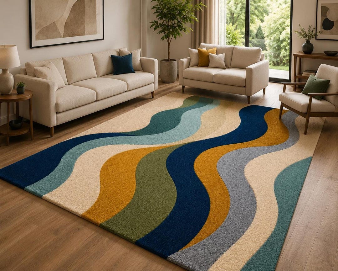Handmade Abstract Wave Wool Rug – Mid Century Scandinavian Living Room ...
