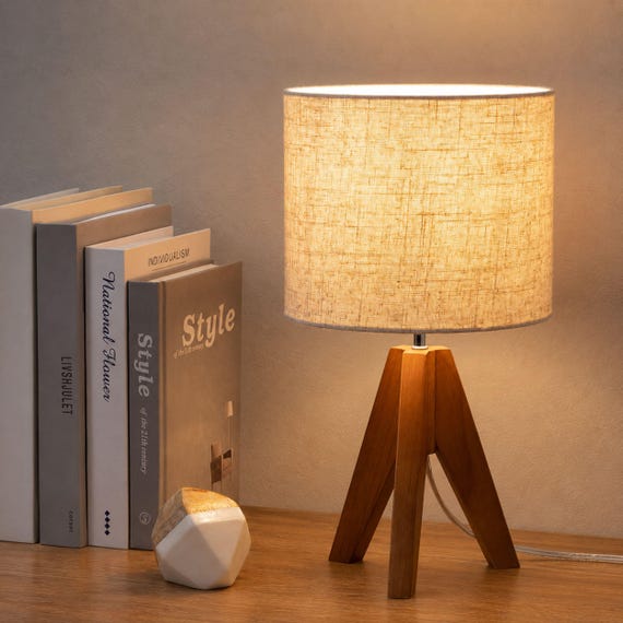 Wooden Tripod Table Lamp, Small Bedside Lamp with Linen Shade, Minimalist Nightstand Light, Nursery Table Lamp, Desk Lamp, Bedroom Decor