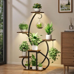 6 Tier Indoor Plant Stand with Grow Lights, Corner Plant Shelf, Metal Plant Display Rack, Multi Level Flower Pot Holder, Living Room Decor