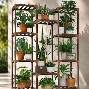 May include: A tall, multi-tiered brown wooden plant stand with square connectors, featuring various potted indoor plants on its shelves, including ferns, snake plants, and trailing ivy, with a small framed picture on the middle right shelf.