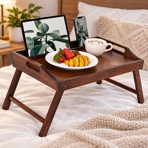 Large Bamboo Bed Tray Table, Folding Laptop Tray, Breakfast Table for Bed, Sofa Work Desk, Phone Tablet Holder, Java Wood Tray