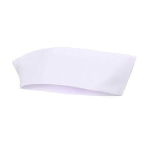 May include: A plain white paper chef hat with a folded brim and a tapered, rounded crown. The hat features a smooth, matte texture and a clean, minimalist construction, designed to be worn as a standard piece of professional kitchen headwear.