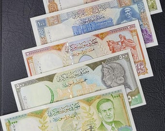 Set of 50, 100, 200, 500 and 1000 Lira 1990S Syria Pounds Uncirculated (Unc) (5 Banknotes)