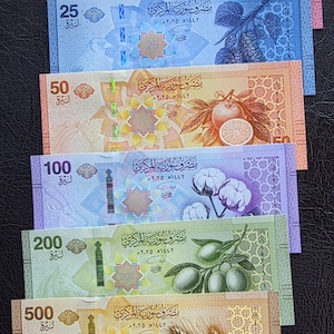 Op de afbeelding: Een verzameling van zes Syrische bankbiljetten in coupures van 10, 25, 50, 100, 200 en 500 pond. Elk rechthoekig biljet bevat verschillende kleuren, Arabische tekst, geometrische patronen en illustraties van natuurlijke elementen zoals bloemen, fruit en tarwe.