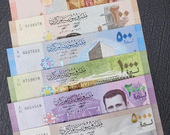 Full Set 50, 100, 200, 500, 1000, 2000, And 5000 Lira Pounds Syria Uncirculated (Unc) (Seven Notes)