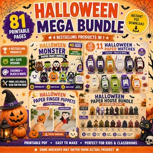 Puede incluir: Un paquete digital de Halloween Mega Bundle con 81 páginas imprimibles. Incluye un set de manualidades de monstruos, 11 relojes de papel, marionetas de dedo y un set de casas de papel con 20 diseños. Colores naranja, morado y negro.
