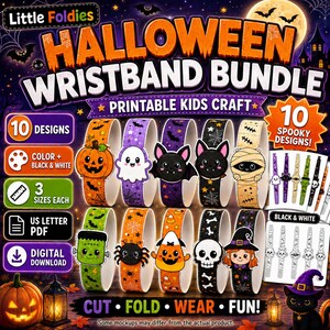 May include: A digital Halloween wristband bundle featuring 10 printable kids craft designs. The set includes colourful and black and white templates of pumpkins, ghosts, bats, mummies, Frankenstein, spiders, candy corn, skulls, and witches.