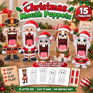 Op de afbeelding: Een set kerst-mondpoppen met een notenkraker, de kerstman, een muis, een hond en een kat, allemaal met kerstmutsen op. De set bevat kleur- en zwart-wit sjablonen met instructies om te printen, knippen, plakken en spelen op US letter formaat.